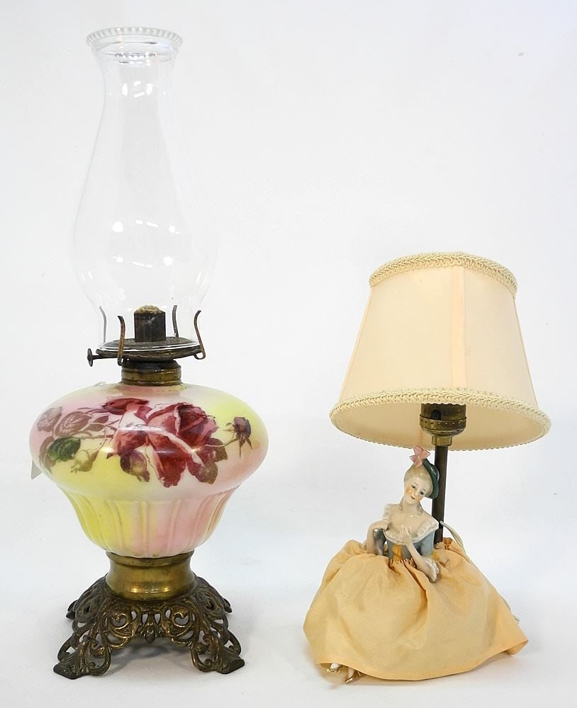 19th C. Kerosene Lamp (17"H) & German Pin Cushion Doll Lamp, 14"H. (1 of 1)