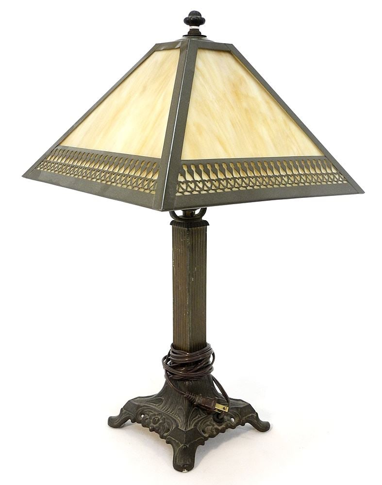 1920's Cast Metal Table Lamp with Caramel Glass Shade, 19 1/2"h. (1 of 3)