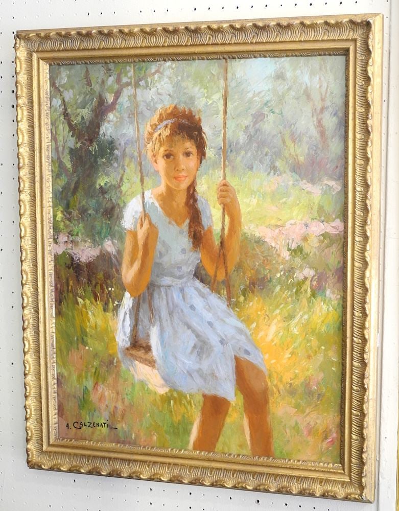 Oil on Canvas signed A. (Andre) Galzenati, 25 1/4" x 21", "Young Girl on Swing".: Oil on Canvas signed A. (Andre) Galzenati, 25 1/4" x 21", "Young Girl on Swing".