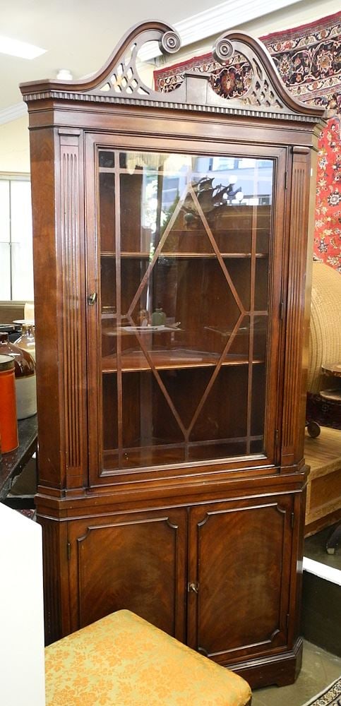 Mahogany Corner Cabinet, 77"H (cornice damaged).: Mahogany Corner Cabinet, 77"H (cornice damaged).