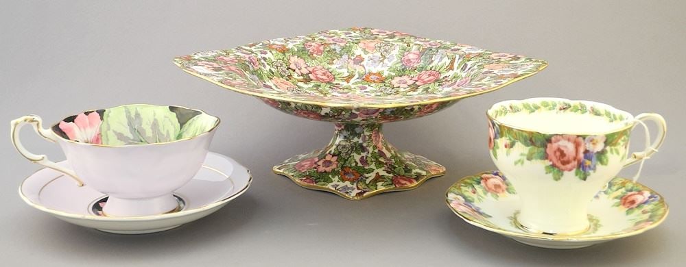 Two Paragon Tea Cups & Saucers and Crown Ducal Chintz Compote, 3 1/8"H. (1 of 5)