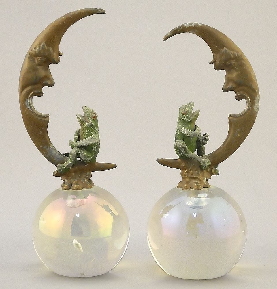 Pair of "Frog & Moon" Vintage Zinc & Glass Paper Weights, Approx. 5 1/2"H (1 of 2)