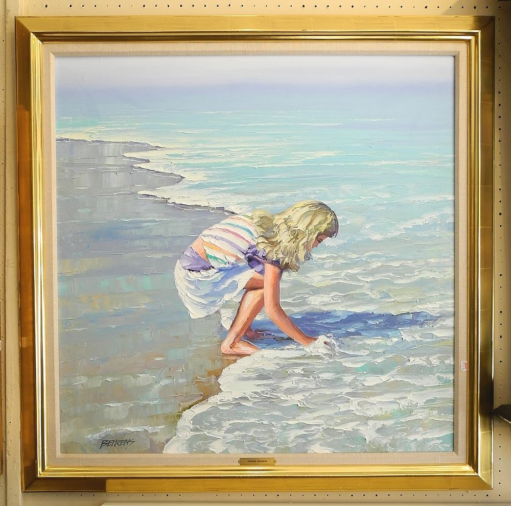 Oil on Canvas signed (Howard) Behrens, 31 3/8" x 31 3/8", "Girl at Seashore".: Oil on Canvas signed (Howard) Behrens, 31 3/8" x 31 3/8", "Girl at Seashore".