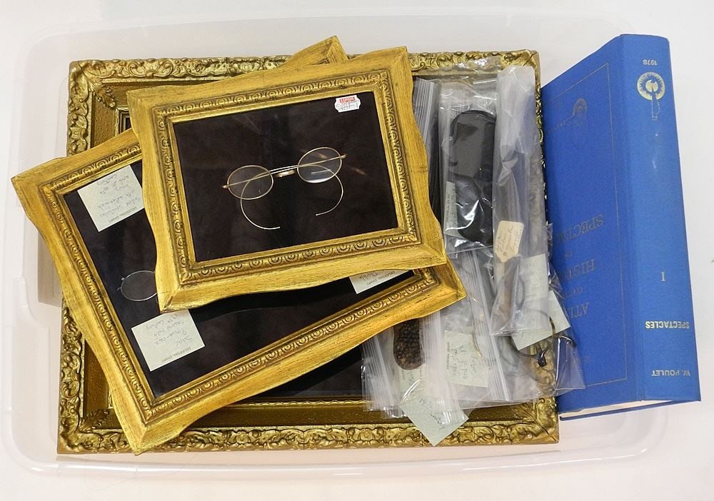 Collection of Antique Spectacles Including Shadow Boxes (21 pair), Approx. 1760-1960 with boo: Collection of Antique Spectacles Including Shadow Boxes (21 pair), Approx. 1760-1960 with boo