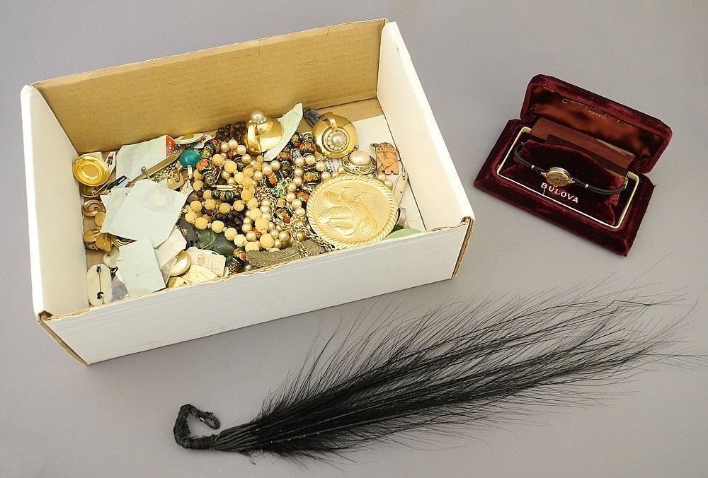 Collection of Osprey Feather / Costume Jewelry / Knives / Bulova Wristwatch.: Collection of Osprey Feather / Costume Jewelry / Knives / Bulova Wristwatch.