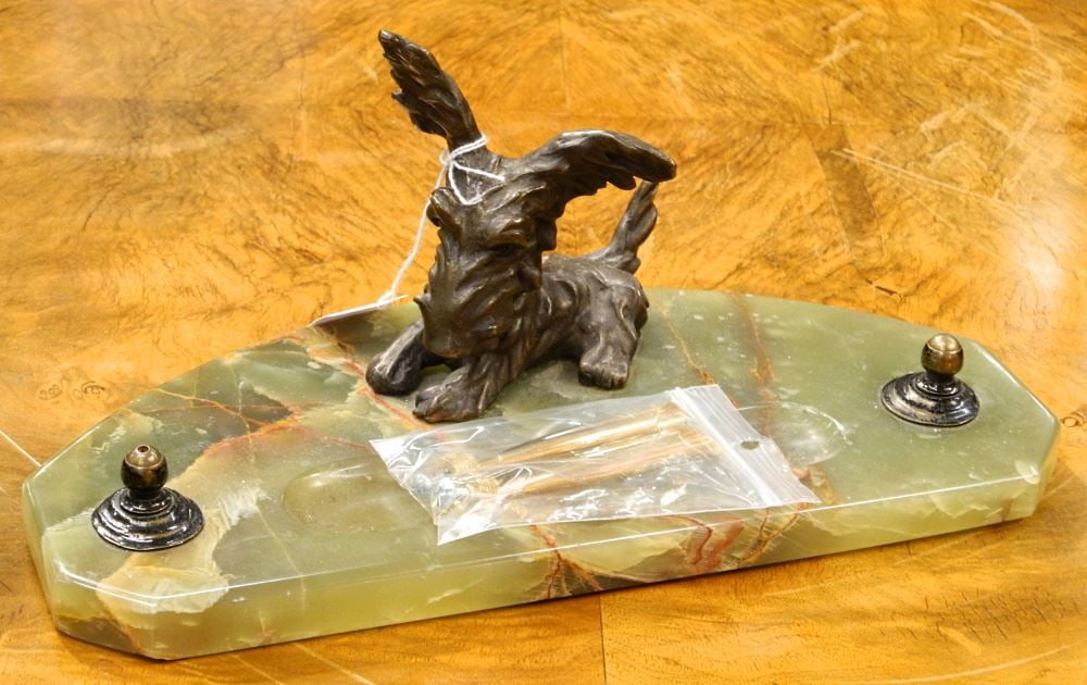 Art Deco-Style Long Eared Dog Bronze & Onyx Desk Set. (1 of 1)