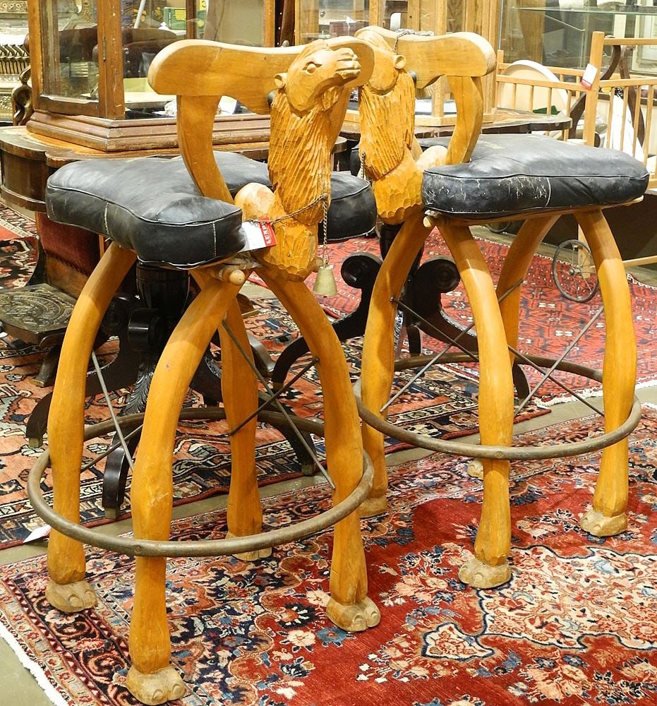 Pair of Carved Wood "Camel Saddle" Stools, 37 1/2"H. (1 of 3)
