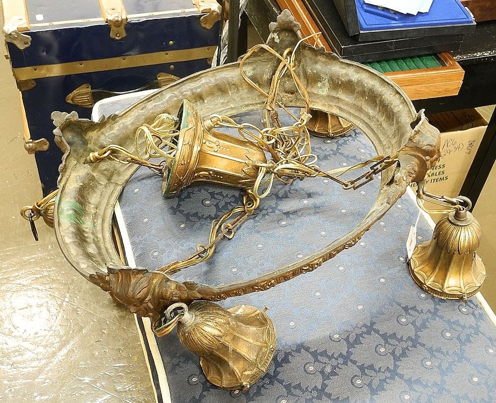 Vintage Pendant "Frond & Mask" Ceiling Fixture (as found).: Vintage Pendant "Frond & Mask" Ceiling Fixture (as found).
