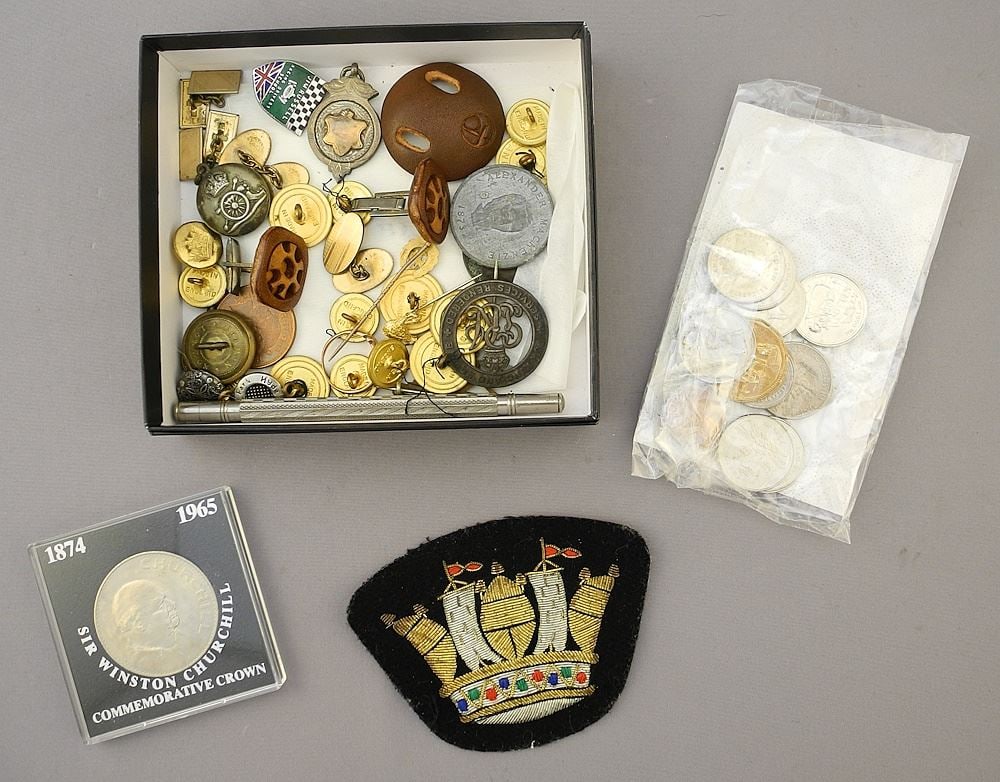 Gents Interest: Cufflinks / Racing School Pin / Coins / Military Buttons. (1 of 2)