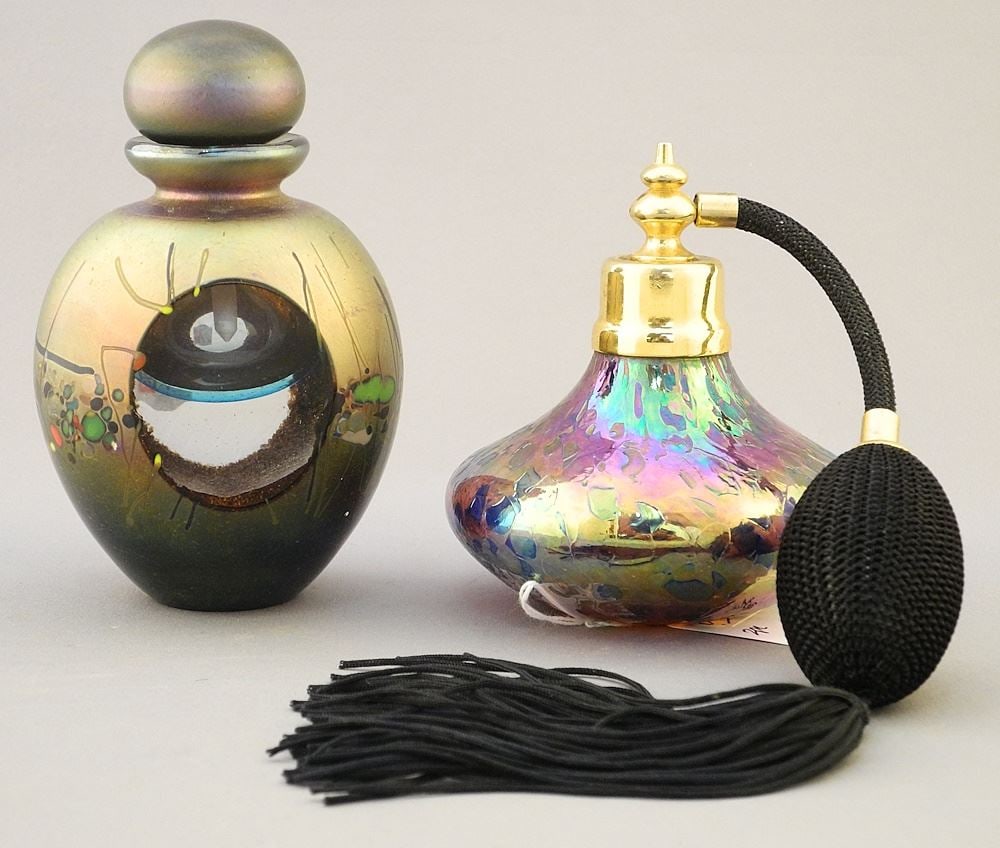 Studio Glass Scent Bottle (4 1/2"H/ signed) & Atomizer, 3 5/8"H. (1 of 2)
