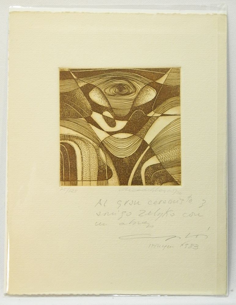 Sepia Etching signed Arcadio Blasco, Plate 3 7/8" x 3 7/8", "Royecto..." #75/125.: Sepia Etching signed Arcadio Blasco, Plate 3 7/8" x 3 7/8", "Royecto..." #75/125.