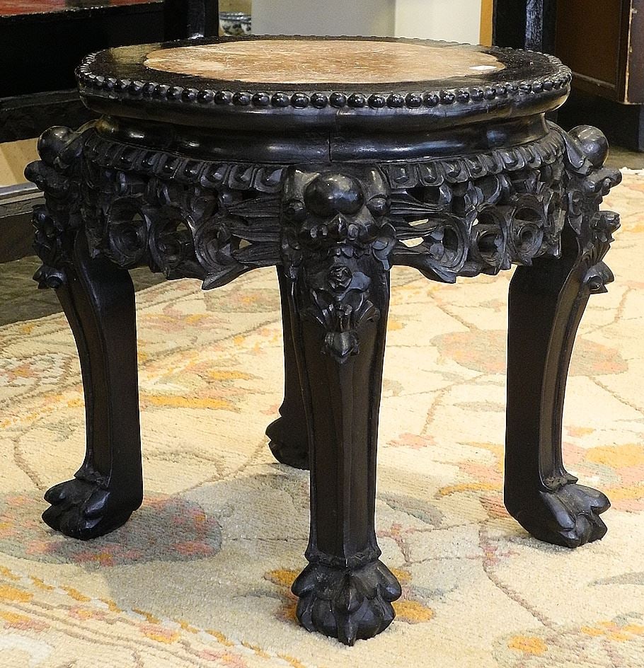 Chinese Stone Inset Rosewood Low Table, 15 1/2" x 14 3/4" Diameter. (1 of 3)