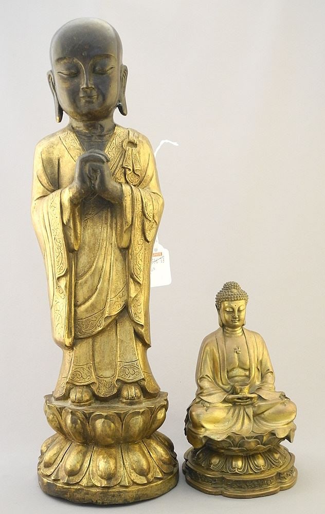 2 Buddhist Sculptures: Monk (17"h) & Seated, 7 3/8"h.: 2 Buddhist Sculptures: Monk (17"h) & Seated, 7 3/8"h.