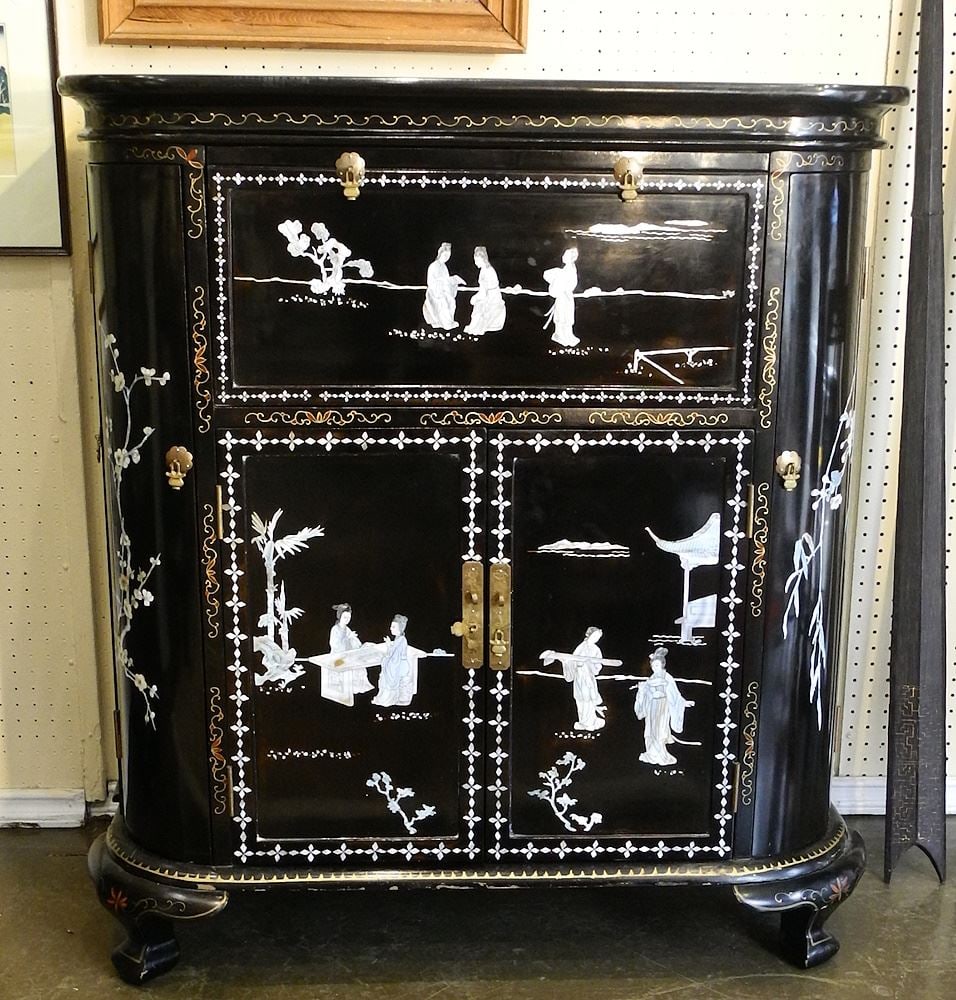 Mother of Pearl Inlaid Black Lacquer Asian Bar Cabinet, 42 1/2" x 39 3/4" x 19 1/2". (1 of 4)