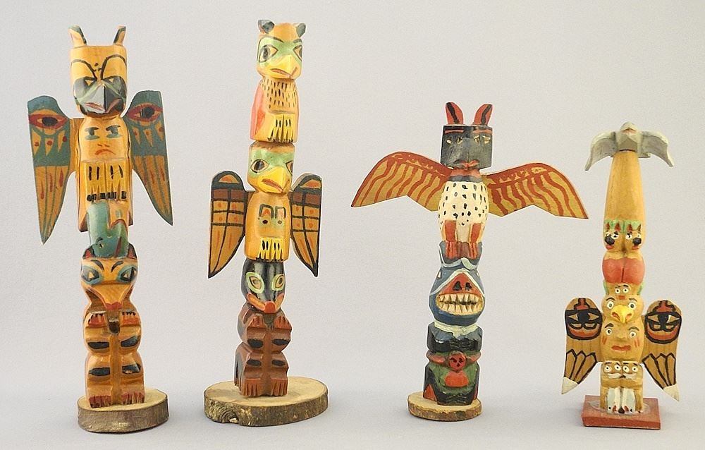 4 Model Totem Poles, Metlakatla / Port Simpson C.1940's, 6 1/4" - 8 3/8"H. (1 of 3)
