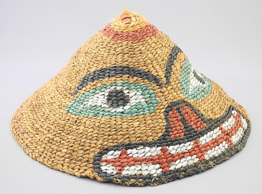 Nuu-Chah-Nulth Basketry Hat with Painted Design, C.1970's, 4 3/4" x 11 1/2" Diameter.: Nuu-Chah-Nulth Basketry Hat with Painted Design, C.1970's, 4 3/4" x 11 1/2" Diameter.