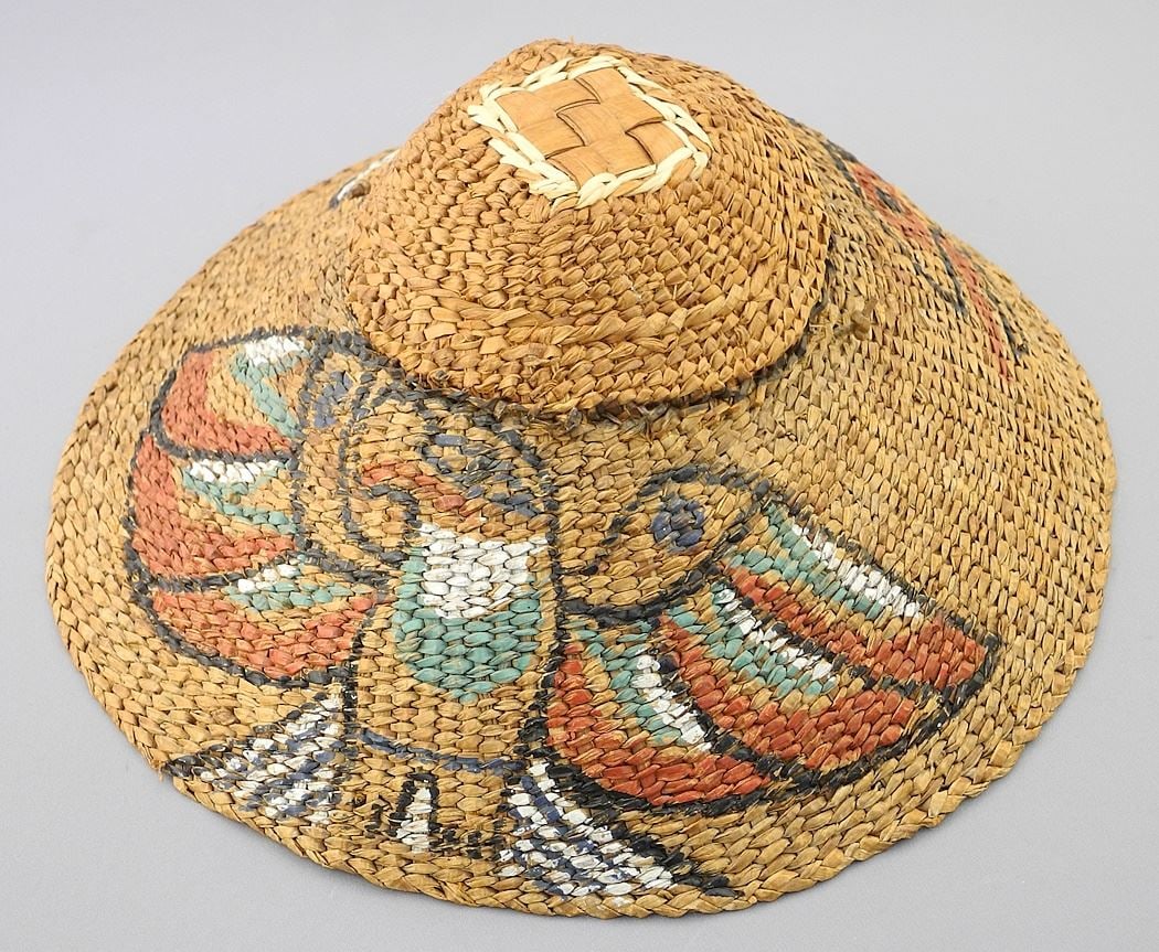 Nuu-Chah-Nulth Basketry Hat with Painted Designs, C.1970's, 4 1/2" x 11 1/4" Diameter.: Nuu-Chah-Nulth Basketry Hat with Painted Designs, C.1970's, 4 1/2" x 11 1/4" Diameter.