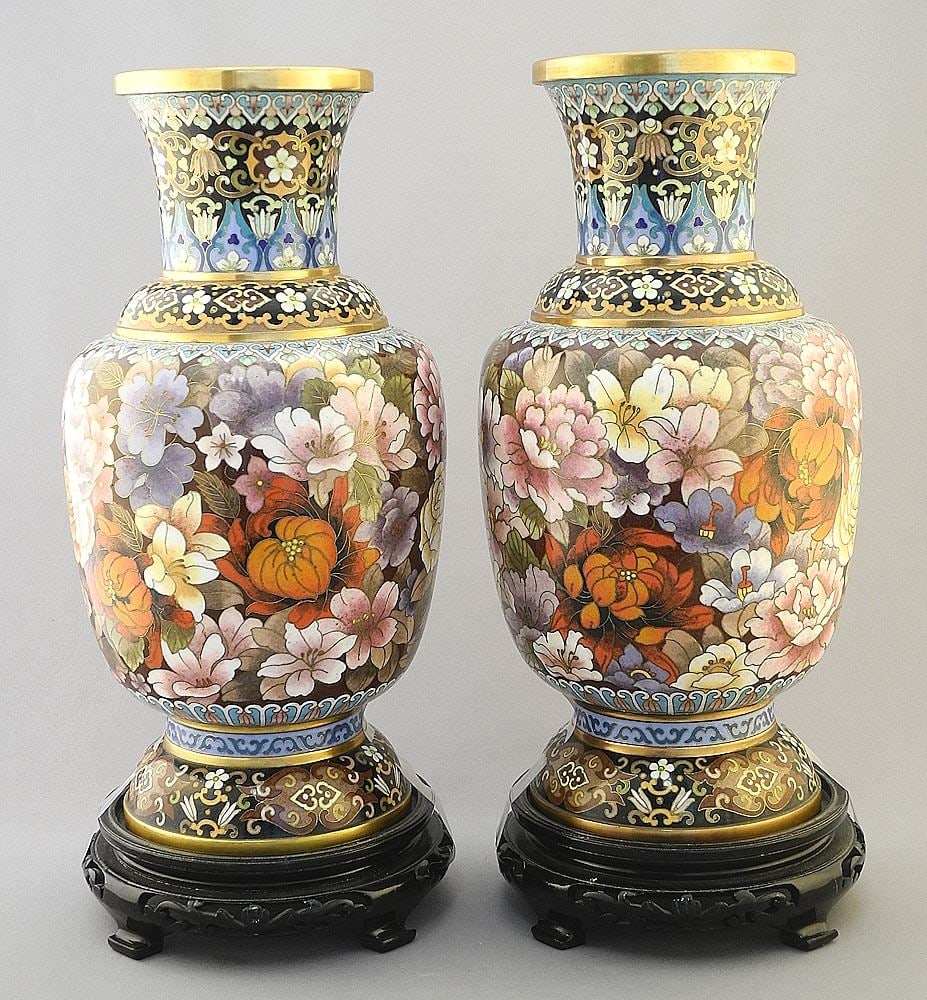3 Piece Chinese Cloisonne Garniture: Vases, 12 1/4"h / Dish 15 1/8" Diameter. (1 of 2)
