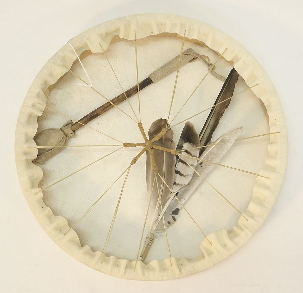 Northwest Coast Hide Drum (2 1/2" x 18" Diam.) with Stick & Eagle Feathers, NO EXPORT. (1 of 2)