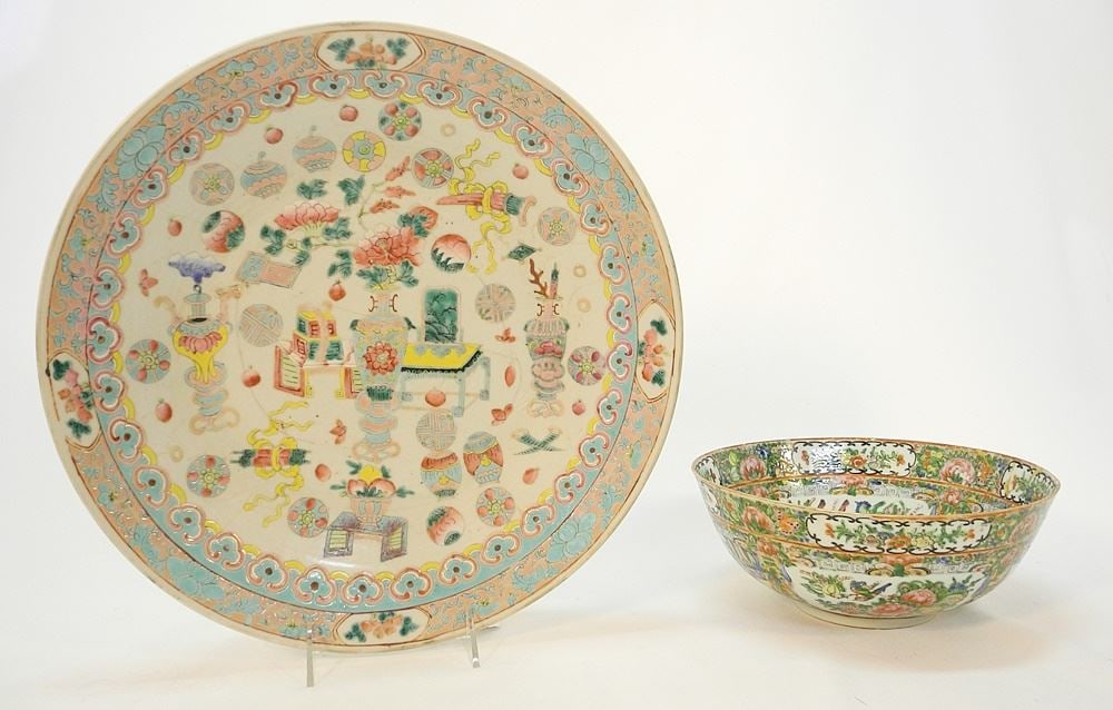 Chinese Famille Rose Dish (14 3/8" Diameter) & Rose Mandarin Bowl, 9 1/8" Diam. (cracks noted). (1 of 3)