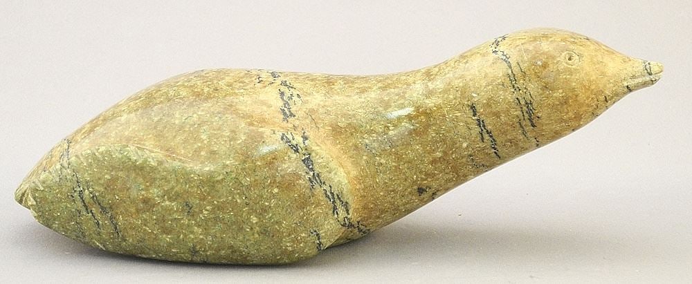 Inuit Sculpture signed Newgilliak Qimerkpiq, 7 1/2"L, "Bird Form".: Inuit Sculpture signed Newgilliak Qimerkpiq, 7 1/2"L, "Bird Form".