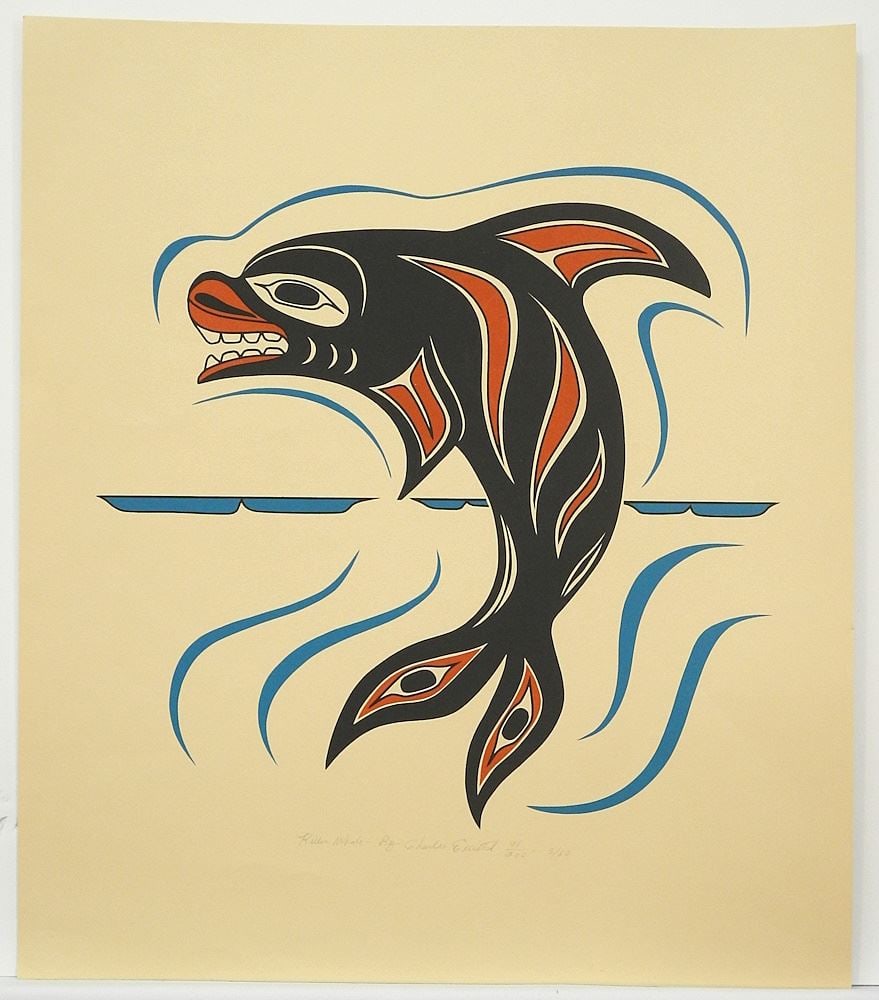 Salish Serigraph signed Charles Elliott, #5/80, 19" x 16 1/2", "Killer Whale", #98/200.: Salish Serigraph signed Charles Elliott, #5/80, 19" x 16 1/2", "Killer Whale", #98/200.