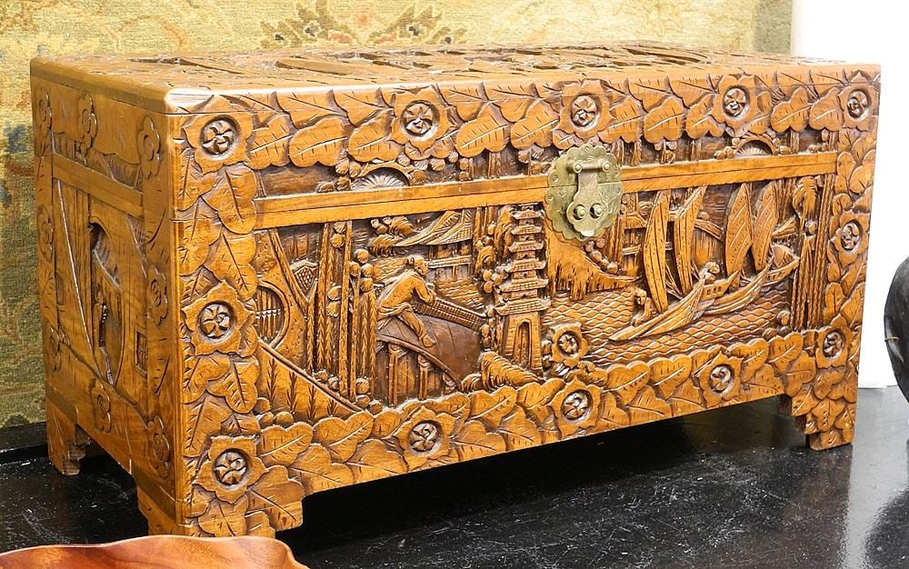 Hung Hop Hong Kong Deep Carved Camphor Wood Chest.: Hung Hop Hong Kong Deep Carved Camphor Wood Chest.