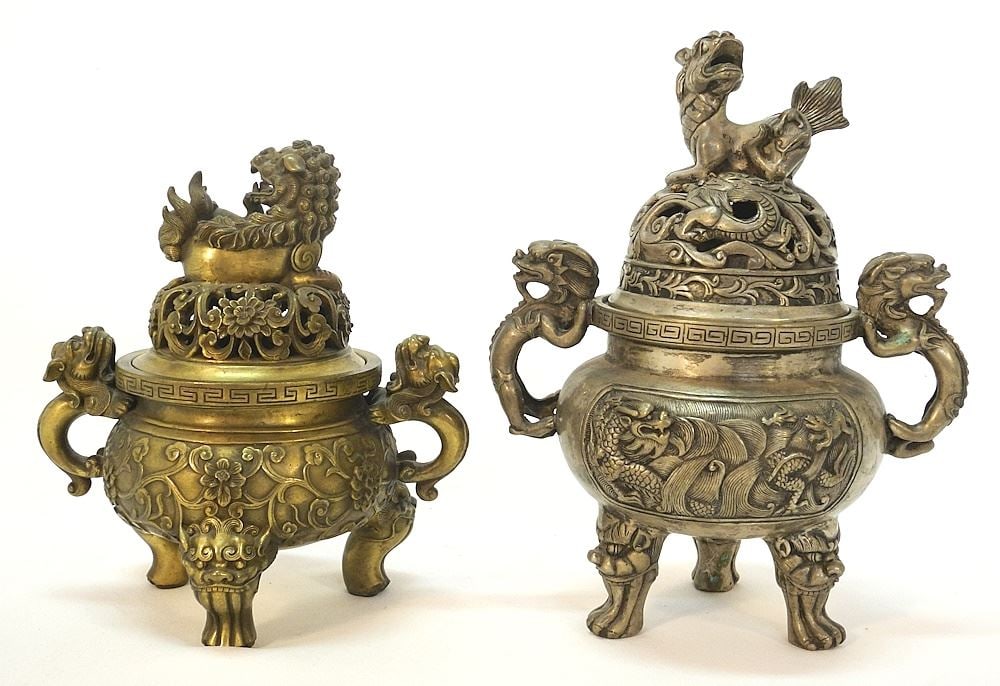 2 Chinese Braziers: Brass (8 3/8"h) & White Metal, 10 3/8"h. (1 of 3)