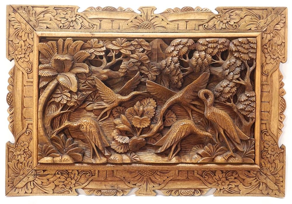 Pair of Southeast Asian Deep Carved Mahogany Panels, 17 1/2" x 25 1/2". (1 of 2)