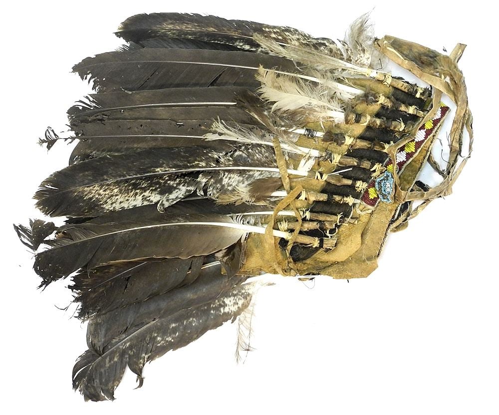 Old Eagle Feather & Beaded Headdress 18"L, NO EXPORT. (1 of 2)