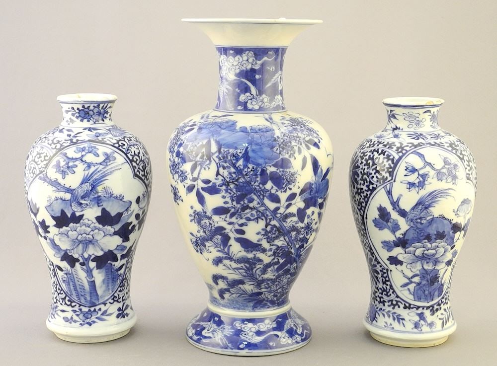3 Asian Blue & White Vases: Pair Chinese (6 7/8"H) / Kangxi Mark / Japanese, 9 1/8"H. (1 of 5)