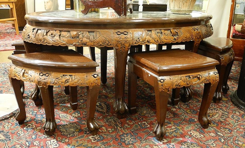 Deep Carved Asian Galleon Motif Nesting Table & 6 Stools, 49"w. (1 of 4)