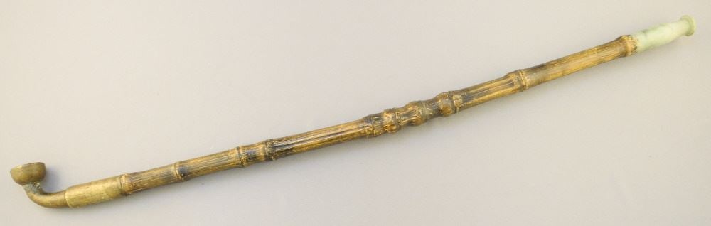 Bronze Bamboo & Jade Pipe, 20 1/2" Length.: Bronze Bamboo & Jade Pipe, 20 1/2" Length.