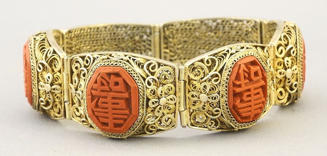 Chinese Gilt Silver & Cinnabar Bracelet, 7 1/4"L, 34g. (1 of 3)