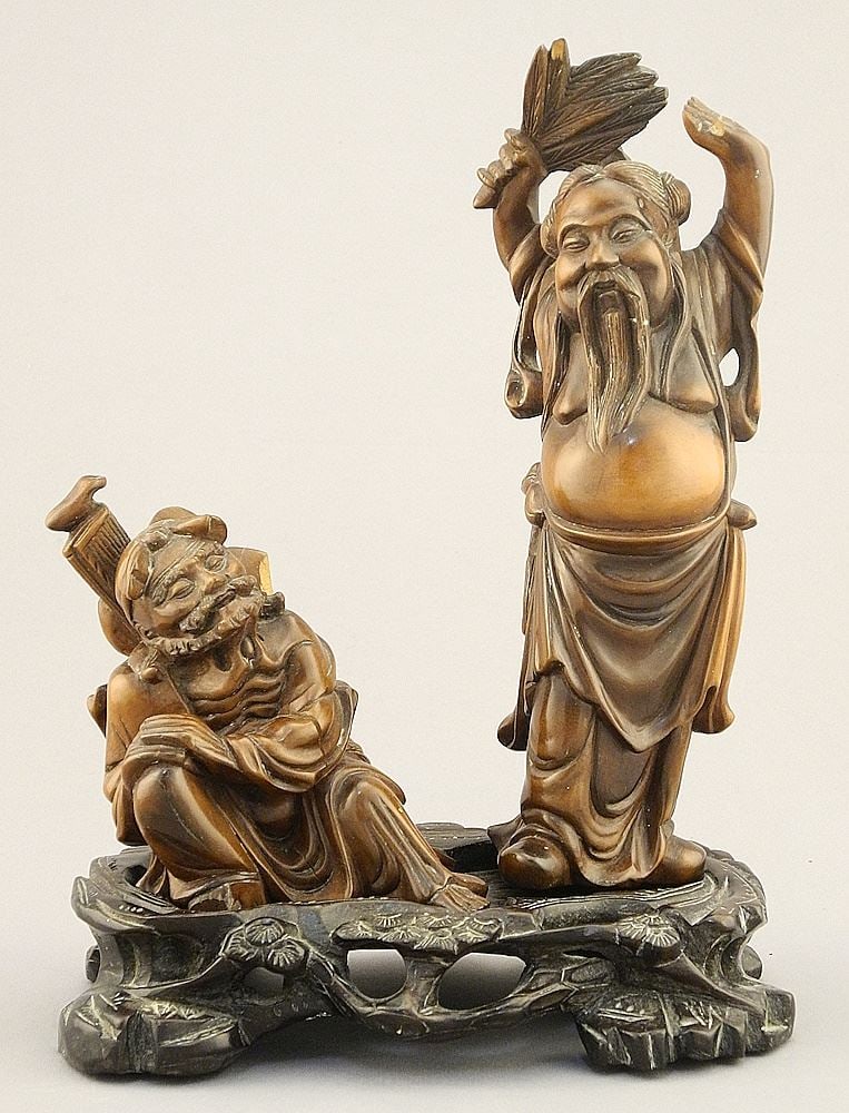 2 Asian Wood Carved Figures on Stand , 9"H (one chipped). (1 of 3)