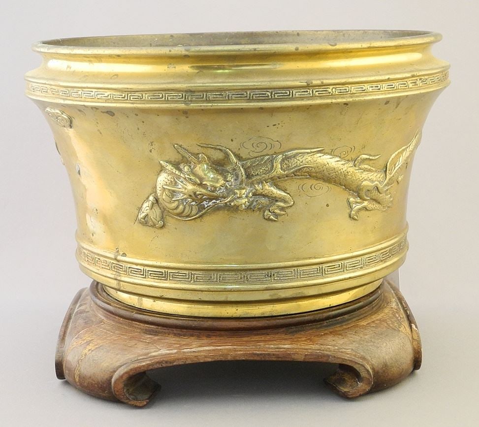 Chinese Brass "Dragon" Censer on Stand, 9 1/2" Diameter. (1 of 2)