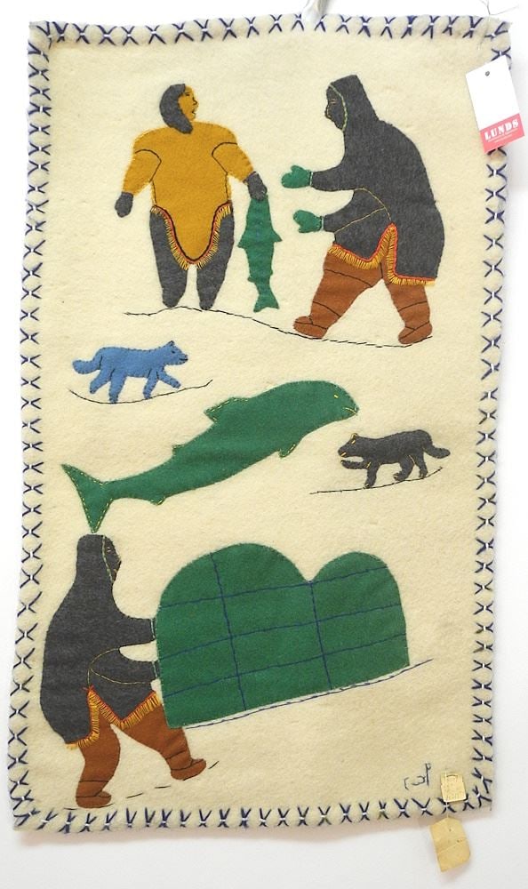Inuit Felt Panel by Eva Taluki, 27" x 16", "Figures with Igloo & Animal".: Inuit Felt Panel by Eva Taluki, 27" x 16", "Figures with Igloo & Animal".