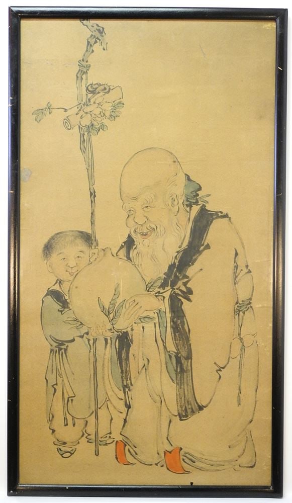 Old Chinese Ink & Colour on Paper, 39 1/2 x 21 1/2", "Shou Lao with Pomegranate & Child". (1 of 3)