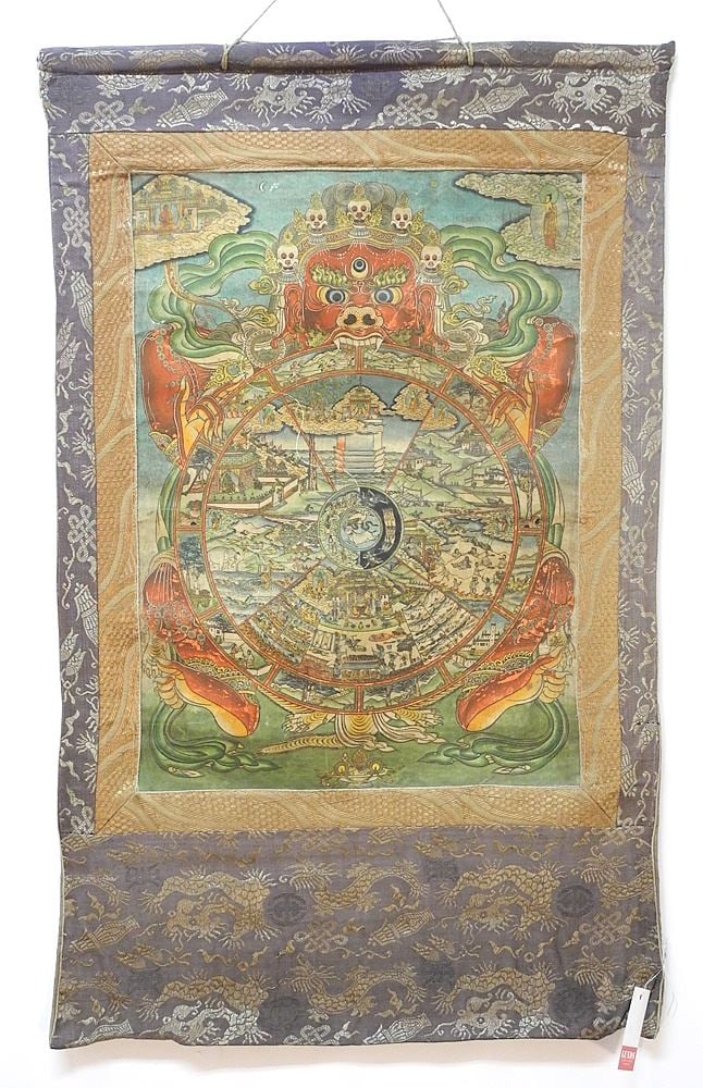 Tibetan Thangka, Sight 21 1/2" x 15 3/8", "Deity Mandala". (1 of 3)