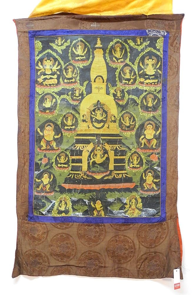 Tibetan Thangka, Sight 28 1/2" x 20", "Stupa & Deities". (1 of 4)