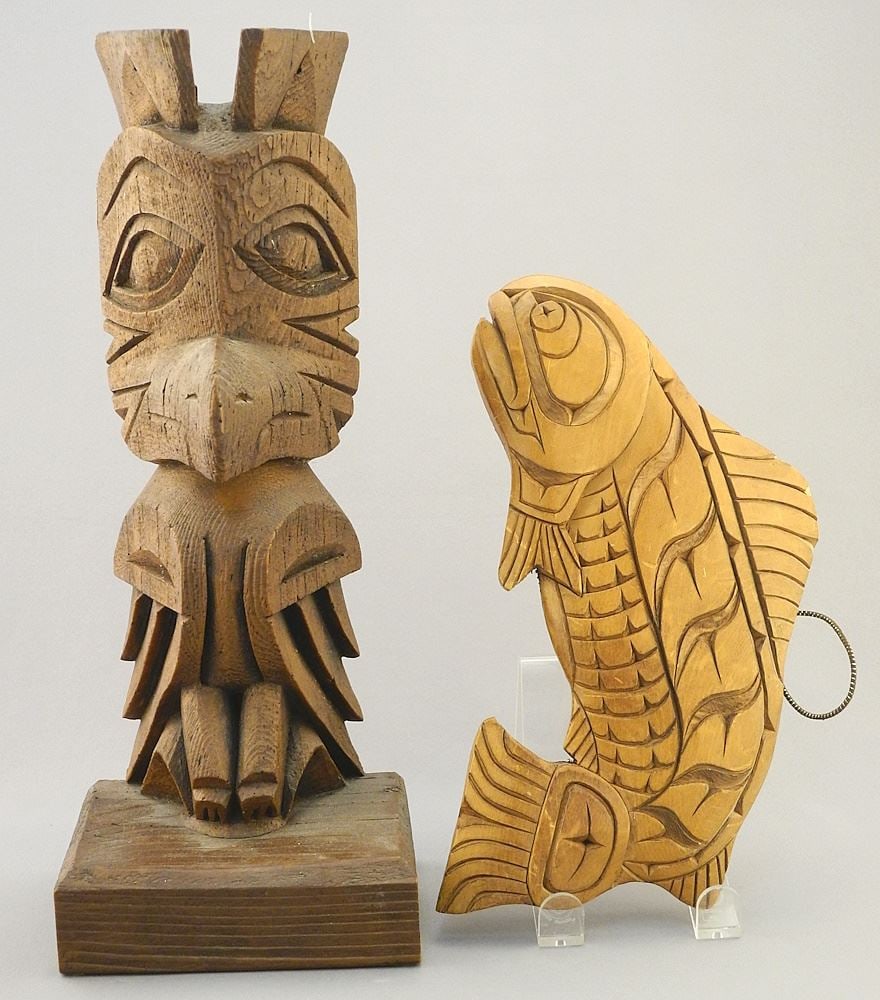 2 First Nation Carvings: Model Totem signed Tufflukk & "Salmon" signed Norman Bob, 10 1/8"W. (1 of 3)
