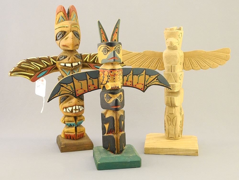 3 Nuu-Chah-Nulth Model Totem Poles, 9-10 1/2"H. (1 of 3)