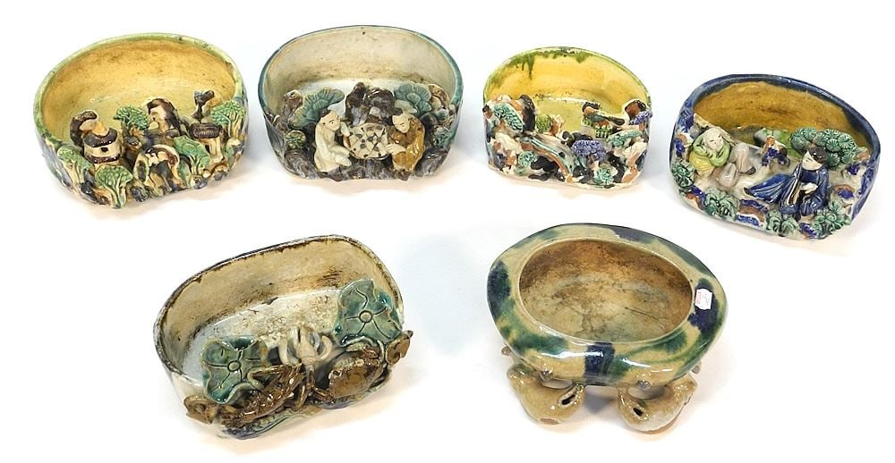 6 Chinese Shiwan Ware Planter Boxes (chips & cracks noted), Approx. 50Gm , 6 1/4 x 7 3/4"W.: 6 Chinese Shiwan Ware Planter Boxes (chips & cracks noted), Approx. 50Gm , 6 1/4 x 7 3/4"W.