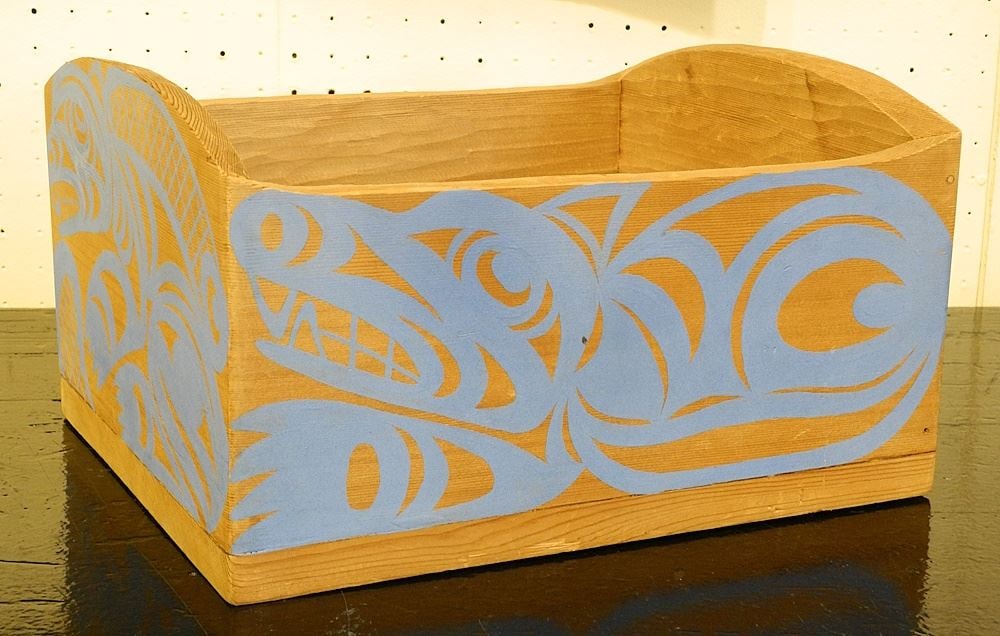 Coast Salish Kerfed Bentwood Box signed W. J. Good, 8 1/8" x 14 1/8" x 12 1/8".: Coast Salish Kerfed Bentwood Box signed W. J. Good, 8 1/8" x 14 1/8" x 12 1/8".
