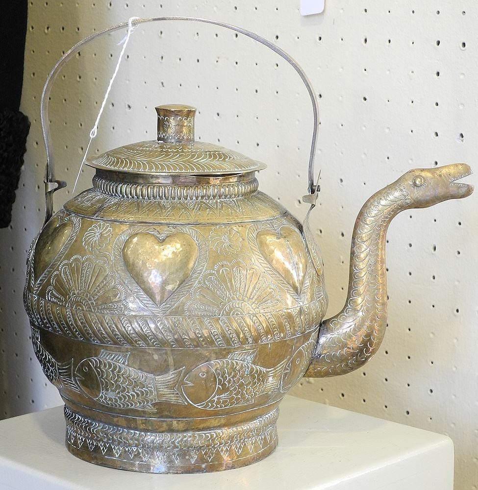 Brass Southeast Asian Kettle, 11 1/2 "H.: Brass Southeast Asian Kettle, 11 1/2 "H.