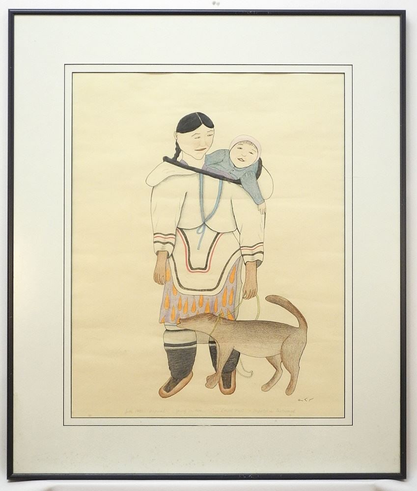 Drawing signed Napatchie Pootoogook 1990, 22 5/8" x 18", "Young Mother Cape Dorset". (1 of 3)