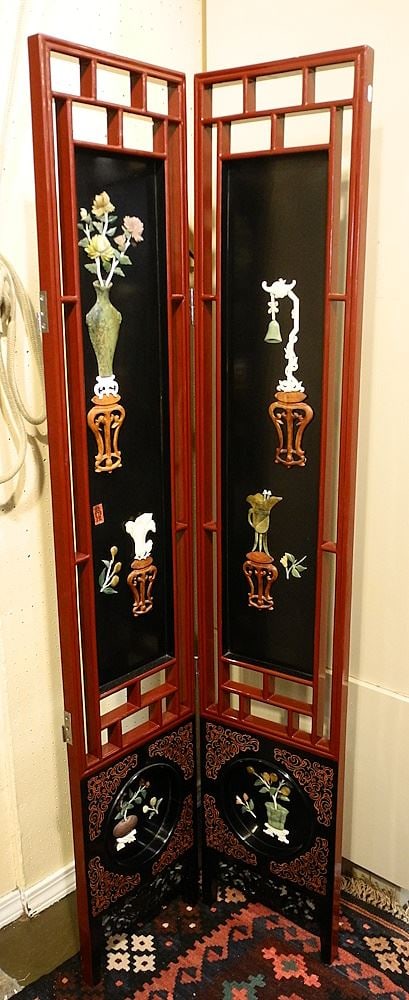 Asian 6 Panel Coromandel Black & Scarlet Lacquer Screen, each Panel 62" x 11 7/8". (1 of 3)