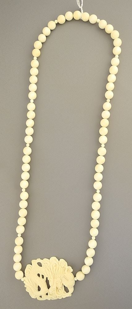 Ivory Beaded Necklace with Dragon Pendant, 27"L, NO EXPORT. (1 of 2)