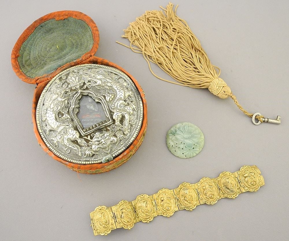 Tibetan Silver Embossed Buddhist Travel Shrine / Jade Disc / Gilt Metal Bracelet / Silk Tass: Tibetan Silver Embossed Buddhist Travel Shrine / Jade Disc / Gilt Metal Bracelet / Silk Tass