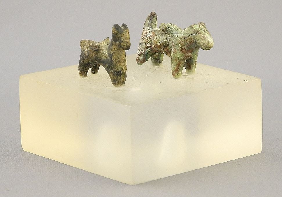 2 Bronze Figures: Horse & Dog, 1000 BC, 1" & 1 1/2"H on Lucite Base. (1 of 2)